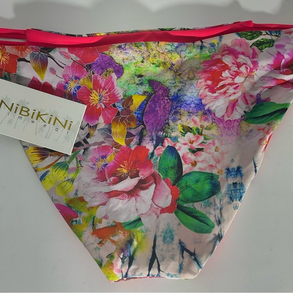 TiniBikini NWT’s Reversible Floral Orange Pink Swim Hi-Cut String Bottoms Sz MED - Picture 8 of 16
